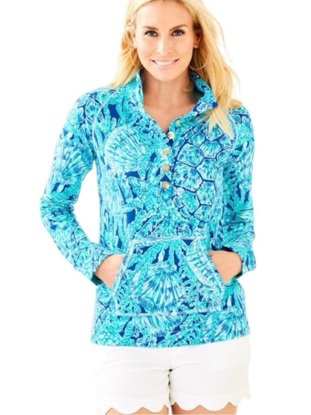 Lilly Pulitzer Turquoise Captain Popover Tortuga Time French Terry Cotton sz M